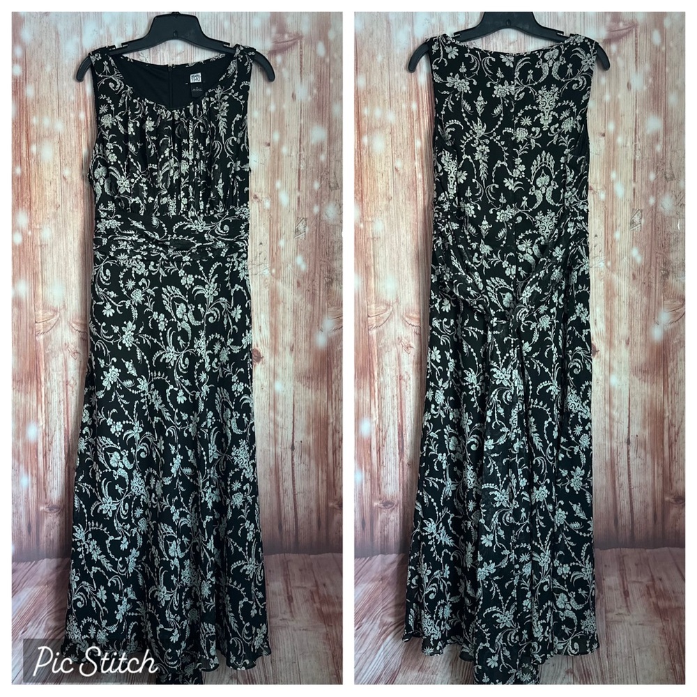 Studio 1940 Black Ruched Tie Waist White Floral Print Maxi Dress Size 14